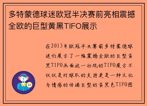 多特蒙德球迷欧冠半决赛前亮相震撼全欧的巨型黄黑TIFO展示