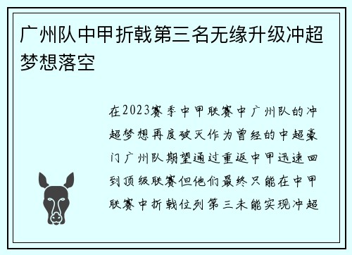 广州队中甲折戟第三名无缘升级冲超梦想落空 广州队中甲折戟第三名无缘升级冲超梦想落空