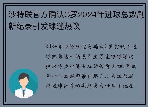 沙特联官方确认C罗2024年进球总数刷新纪录引发球迷热议